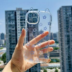 TEMU 폰 케이스: 귀여운 투명 입체 고양이 귀 폰 케이스, 고투명, 노란색 소프트 쉘, 별 무늬, 애플 폰 16ProMax/15Plus/14/13/12/11 호환, 낙하 방지 충격 보호, 렌즈 포함 전체 보호 커버