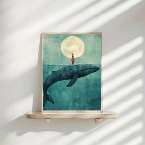 TEMU 2D 평면, 액자 미포함 블루 페어리 달빛 캔버스 프린트 1개 - 혹등고래 위 소녀가 그려진 독특한 수채화 벽 예술, 녹색 배경, 침실, 거실, 기숙사 또는 바를 위한 실내/실외 장식, 기숙사 장식 | 창의적인 벽