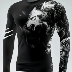 TEMU 남성용 긴팔 티셔츠, 동물 늑대 타투 프린트, 캐주얼 스타일, 프린트 디자인 (텍스처 없음)