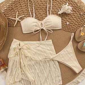 TEMU 2025년 신상 여성 레이스 얇은 스트랩 드로스트링 러플 트림 3피스 비키니 세트 | 섹시 오프숄더, 높은 신축성, 단색, 민소매, 일반적인 하단 - Lauvoco