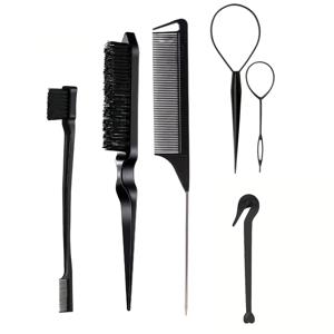 TEMU 6개 핑크 헤어 스타일링 도구 - 꼬리 빗, 빗질 브러쉬, 원형 도구 및 헤어 클립 (염색 및 헤어스타일용), 나일론 브러쉬모, ABS 플라스틱 손잡이, 컬링에 적합, 헤어 스타일링 필수품 | 헤어 스타일링 도구