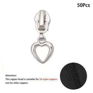 TEMU 50개 은색 하트 모양 지퍼 헤드, 5# 나일론 지퍼 호환, 코트 재킷 바지 여행 가방 재봉 용품 및 부자재용 지퍼 교체 수리 키트, 재봉