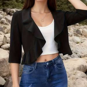 TEMU 여성용 블랙 카디건, 러플 트림, 가벼운 숏 브리더블 다용도 아우터웨어