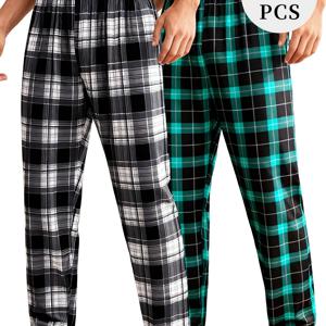 TEMU 2팩 체크무늬 긴 잠옷 바지, 블랙 + 다크 그린