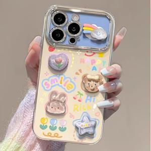 TEMU 휴대폰 케이스 - 귀여운 만화 토끼 별이 빛나는 하늘 장식 스티커, 손으로 그린 글자와 꽃무늬 패턴, 아이폰 11부터 17 Pro Max, 17 Pro 및 17 Air까지 호환되는 대형 창문 휴대폰 케이스로 디자인되었습니다. 내구성이 뛰어납니다.