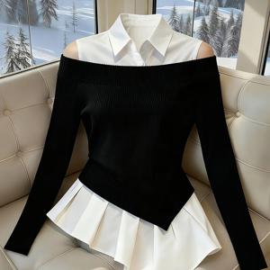 TEMU 여성용 프렌치 스타일 아сим메트리 오프숄더 탑은 클래식한 블랙 앤 화이트 컬러 블록 디자인을 특징으로 합니다. 파티, 해변, 고급스러운 행사, 캐주얼 외출, 로맨틱 데이트 등 다양한 상황에 적합합니다.