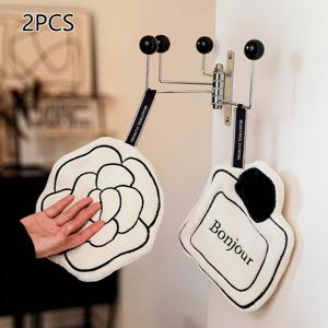 TEMU 프랑스 카멜리아 패턴 욕실 핸드 타월 2개 세트 - 초흡수성 코랄 플리스 극세사, 걸이 루프 손가락 타월 포함, 프랑스어 'Bonjour'와 카멜리아 디자인, 모던한 집에 완벽