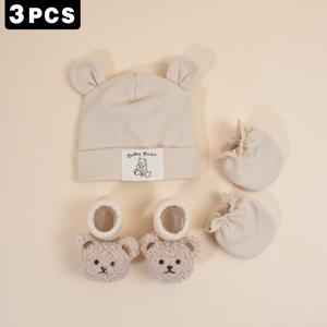 TEMU 3개 0-12개월 아기 곰 귀 부드러운 모자 + 플러시 곰 양말 + 장갑 3개 신생아 실내 에어컨 방 의상 세트 유아 아기 비니 크롤링 장갑 신생아 귀여운 세트, 데일리 레저 야외 사용 사진 의상에 적합