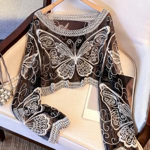 TEMU 스타일 자수 나비 메쉬 크롭 긴소매 라운드넥 여성용 캐주얼 상의