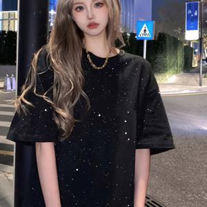 TEMU Y2K 스타일 캐주얼 루즈핏 블랙 별 무늬 스팽글 반팔 티셔츠 (여성용, 라운드넥)
