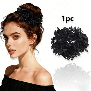 TEMU 1개 스타일 장미 꽃 머리띠 | 및 웨딩 파티용 패셔너블한 레이스 자수 패브릭 꽃 리본 머리끈