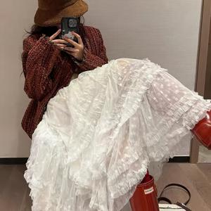 TEMU 우아한 레이스 하이웨스트 에이라인 미디 스커트 - 과장된 러플 헴, 구조적 논스 트레치 원단, 사계절용 솔리드 컬러 케이크 스커트, 여성용 고허리 스커트, 장식적인 프릴, 내구성 있는 제작