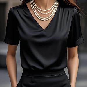 TEMU 여성용 여름 반팔 셔츠, 우아한 단색 드레이프 브이넥 블라우스, 우아하고 우아함, 모든 상황에 적합