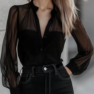 TEMU 패션 라운드넥 시스루 소매 버튼업 셔츠