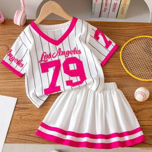 TEMU 2개 세트: 어린이 여아용 줄무늬 숫자 및 알파벳 프린트 드롭 숄더 반팔 스웨트셔츠 브이넥 티셔츠와 심플 스커트 세트, 여름 데일리 캐주얼웨어 및 등교복용