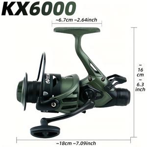 TEMU KX3000-KX6000는 전면 및 후면에서 듀얼 드래그 파워를 특징으로 하며, 5.5:1 기어비를 갖춘 고성능 낚시 릴로, 녹색 색상이며, 좌우 교체 가능한 메탈 핸들이 특징입니다. 담수 및 해수 낚시에 적합합니다.