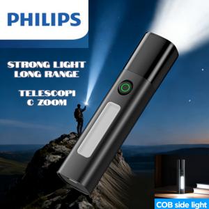 TEMU 필립스 고루멘 충전식 손전등 1개, 사이드 라이트 기능, 빔 초점 조절, 휴대하기 쉬운 컴팩트한 크기, 다단계 밝기 조절, 긴 배터리 수명, 가정용 비상/야외 캠핑/모험용으로 이상적