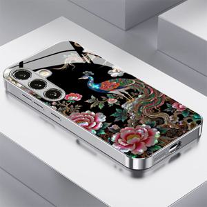 TEMU 휴대폰 케이스 - 봉숭아새와 꽃 패턴의 새로운 전기 도금 유리, 삼성 S26, S25, S24, S23, S22, S21, S20, NOTE20, NOTE10, A55, A54, A53, A52, A36, A35, A33, A23, A15, A14, A13, A05 전용 유리 휴대폰 케이스