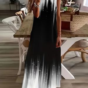 TEMU 여름/봄 신상 블랙 앤 화이트 그라데이션 민소매 V넥 롱 드레스