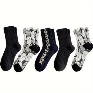 TEMU 여성용 미드 캐프 양말 5팩, 트렌디 한국식 빈티지 다크 아카데미아 스타일 다용도 긴 양말