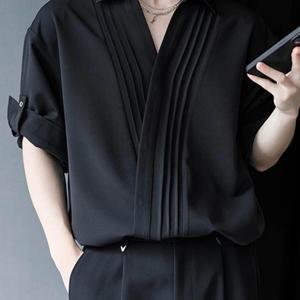 TEMU INCERUN 남성용 스타일리시 솔리드 폴로 칼라 반팔 플리츠 이지 레트로 워크 포멀 셔츠