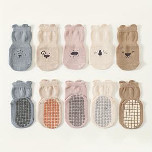 TEMU 귀여운 동물 디자인의 아늑한 미끄럼 방지 아동용 양말 5켤레 - 통기성 좋은 부드러운 폴리에스터 혼방, 세탁기 사용 가능 - 실내에서 걸음마를 배우는 남녀아이에게 완벽한 아기 양말