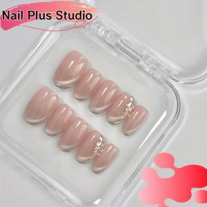 TEMU 10개 네일 플러스 스튜디오 핸드메이드 프레스온 네일 - 짧은 오벌 모양 누드 그라데이션 광택 마감과 라인스톤 장식, 공주 스타일 재사용 가능한 인조 네일 봄/여름용, 일상 및 특별한 날 쉽게 적용 가능, 우아한 네일 디자인 | 고품질 네일, 네일 액세서리
