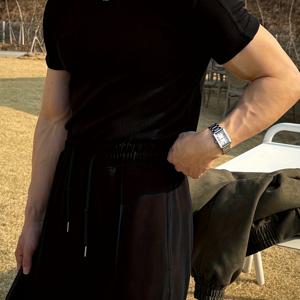 TEMU Shule Water OBM 신상 미국 스타일 슬림핏 신축성 캐주얼 탑, 골지 스티칭 트렌디 스포츠 티셔츠