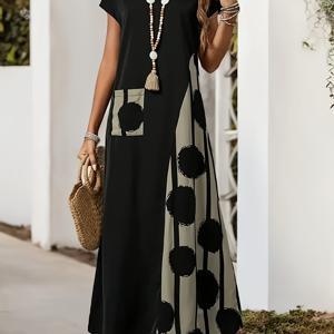 TEMU 여성 여름 롱 드레스, 라운드넥 물방울 무늬 패치워크, 캐주얼 바캉스 스타일, 포켓 디자인 - 걸이 추가 없음, 성인복으로 적합