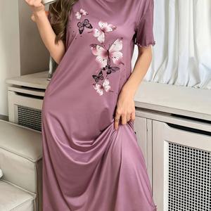 TEMU 아름다운 여성을 위한 사랑스러운 프린팅 소프트 새틴 파자마, 패셔너블한 꽃무늬 원피스 티셔츠, 숙면을 위한 사계절용 편안한 홈웨어, 매끄럽고 광택 있는 질감, 좋아하는 사람을 위한 최고의 휴일 선물, 별점 5점 평가로 행운을 빕니다