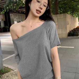 TEMU 여름 Y2K 캐주얼 패션 루즈핏 다용도 그레이 원넥 반팔 티셔츠 여성 오프숄더 탑