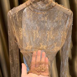 TEMU 여성용 경량 하이넥 레이스 탑, 2025년 신상 스타일, 러플 메쉬 장식, 봄/가을 레이어링에 완벽