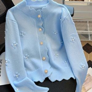 TEMU 우아한 레이디 가을 겨울 여성용 새로운 달콤한 우아함 패션 버튼 꽃 진주 장식 스웨터 코트