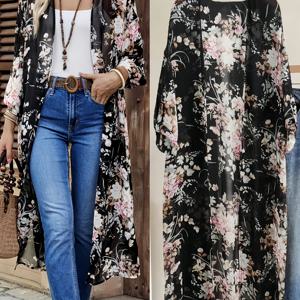 TEMU 유럽&미국 여성 비치 휴가 스타일 플로럴 프린트 루프 오픈 프론트 쉬폰 카디건 탑