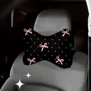 TEMU 핑크 리본 프린트 차량용 헤드레스트, 목 베개, 허리 지지대 올인원, 사계절 사용에 적합한 부드럽고 푹신한 디자인, 장거리 운전, 짧은 낮잠 및 다양한 상황에 적합. 완벽한 차량 액세서리 시트 커버 헤드레스트