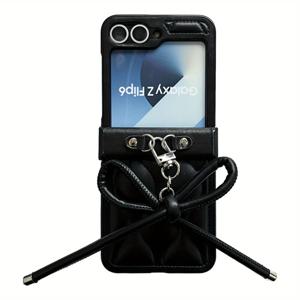 TEMU 휴대폰 케이스 - 고급스러운 블랙 웨이브 폰 케이스, 레더 보우 펜던트 포함, 삼성 갤럭시 Z 플립 5 6 Z 플립6 Zflip 5 Zflip6 Zflip5 백 커버