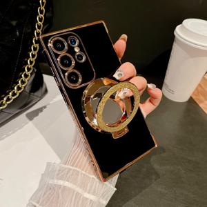 TEMU 휴대폰 케이스 - 글로시 레이스 쉬머링 파우더 라운드 콤팩트 거울 스탠드 접이식 여성용 휴대폰 케이스, 삼성 갤럭시 S20 S21 S22 S23 S24 S25 FE Plus Ultra 호환, 풀 커버리지 낙하 방지 휴대폰 케이스