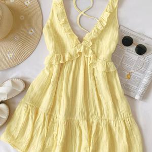 TEMU 솔리드 컬러 바캉스 스타일 백리스 레이스 숏 스커트 여성용 기발한 V넥 섹시 멜빵 드레스