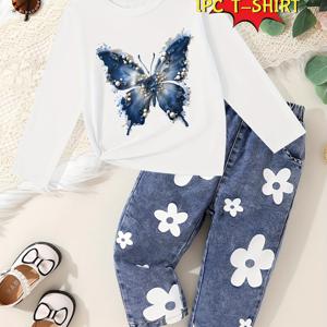 TEMU 1pc 여아용 긴팔 티셔츠 가을 트렌디 패션 나비 프린트 캐주얼 편안한 아동복 겉옷 베이스 레이어 긴팔 티셔츠