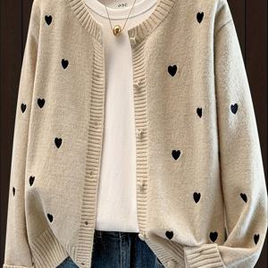 TEMU 귀여운 하트 자수 버튼 프론트 스웨터 가디건, 가을 겨울 캐주얼 우아한 여성용 오픈 프론트 니트웨어