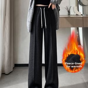 TEMU 가을 겨울 하이웨이스트 와이드핏 드레이프감 있는 헤링본 패턴 벨벳 청바지 스트레이트핏 팬츠