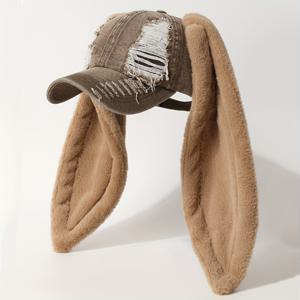 TEMU 여성 & 남성 워싱 디스트레스드 핑크 야구 모자, 플러시 토끼 귀 & 와이드 브림 - 가벼운 부드러운 워싱 질감, 조절 가능한 스냅백 클로저, 손세탁/드라이 클리닝 - 캐주얼 아웃도어, 파티