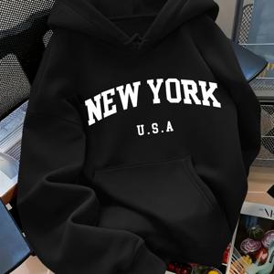 TEMU 뉴욕 레터 프린트 여성용 캐주얼 후드 스웨트셔츠, 긴 소매와 따뜻한 안감