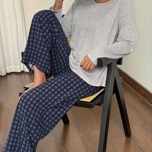 TEMU 여성용 겨울 파자마 세트 2pcs - 귀여운 체크무늬 반팔 나이트가운 & 매칭 팬츠, 포근한 2피스 수면복 세트 (매칭 아웃핏), 세탁기 사용 가능, 취침용 또는 라운지웨어 - 여성 파자마