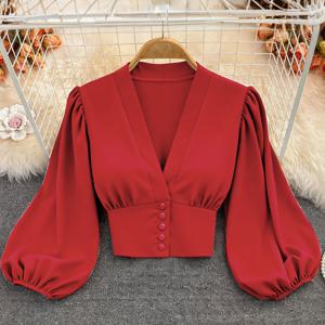 TEMU 레드 프렌치 스타일 V넥 여성 셔츠, 숏 코트 스타일 랜턴 슬리브 탑, 데일리 출퇴근을 위한 패셔너블한 밝은 빨간색 긴팔 티셔츠