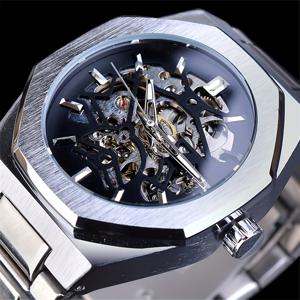 TEMU 남성용 자동 기계식 시계 - 세련된 할로우 디자인, 스테인리스 스틸 밴드, 완벽한 선물 선택, 배터리 없음