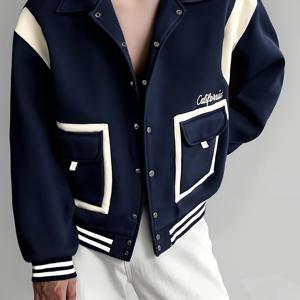 TEMU 남성 패션 아메리칸 레트로 야구 재킷 | 캐주얼 루즈핏, 스냅 단추, 안감, 자수 디테일, 라펠 칼라, 블루 및 베이지 액센트 솔리드 컬러, 겨울에 적합.