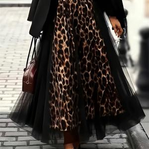 TEMU 타겟 개발 패셔너블 우아한 다재다능 프린트 스플라이싱 블랙 메쉬 맥시 스커트, 플레어 밑단 레트로 출퇴근 스타일 프렌치 캐주얼 시크