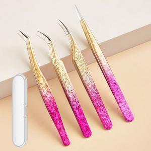 TEMU 4개입 복숭아 그라데이션 속눈썹 집게 세트 (보관 케이스 포함), 고품질 스테인리스 스틸 곡선 집게, 여성용 필수 정밀 집게, 인조 속눈썹 아티스트용, 미용 도구, 아이 메이크업 도구, 스티커 제거용, 상업 및 가정용 선물