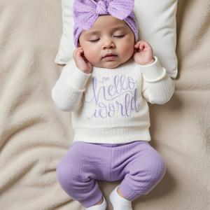 TEMU 신생아 사진 촬영 의상 3종 세트: 아동용 캐주얼하고 스타일리시한 와플 니트 긴팔 레터 자수 상의 + 단색 바지 세트 + 모자, 야외 활동용, 남아/여아 퇴원복, 베이비 샤워 선물용
